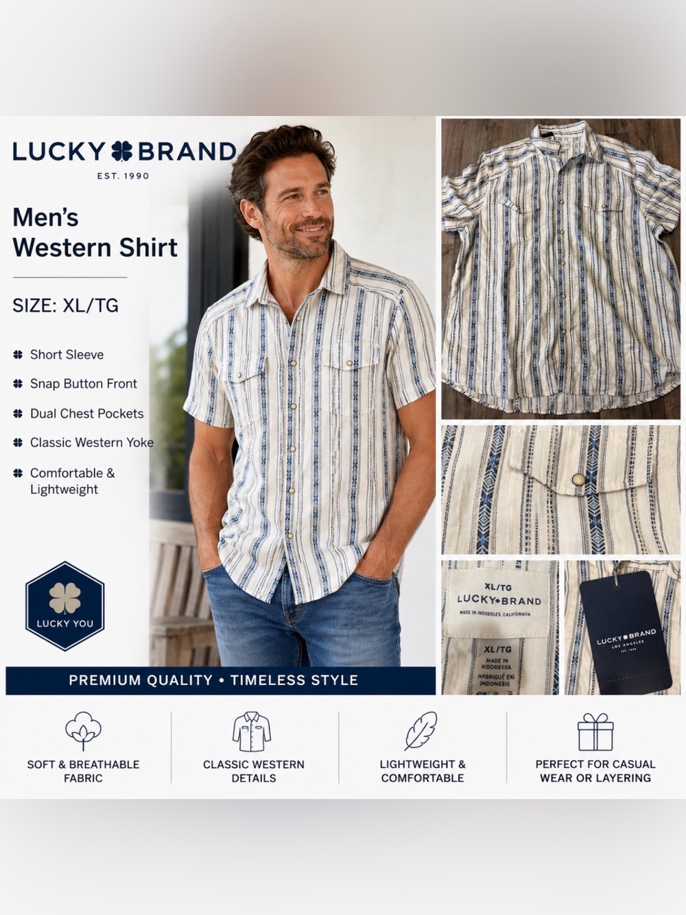 Lucky Brand Men's Cream and Blue Striped Short-Sleeve Button-Up Shirt NWT XL